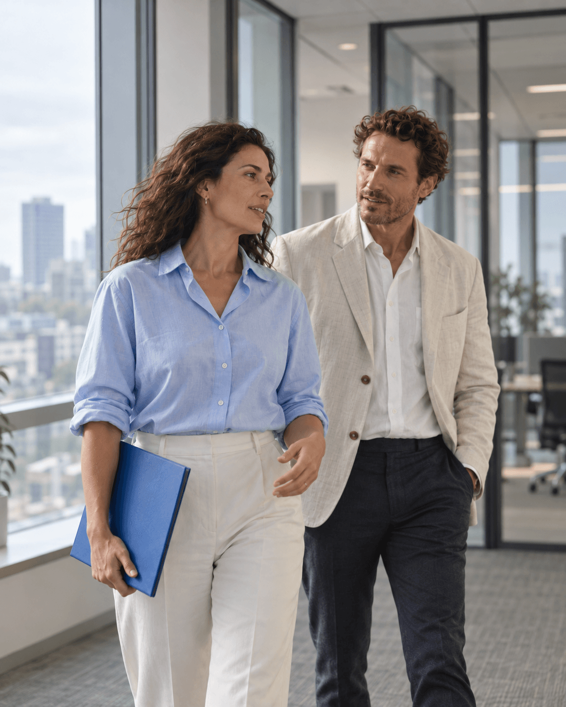 Two professionals talking as they walk through a modern office